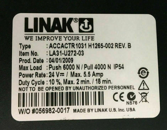 Tilt Actuator Linak model # ACCACTR 1031 H1265-002 REV B - QUANTUM 6000Z #B730