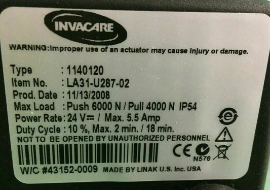 Invacare Recline Actuator Linak Type 1140120 / LA31-U287-02 #D953