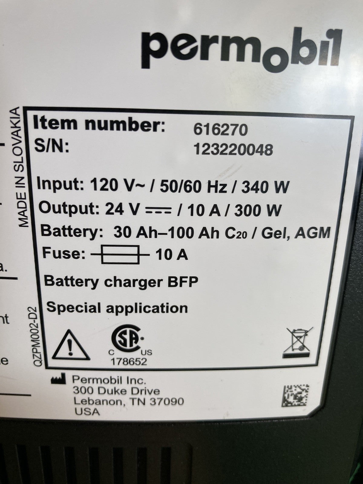 Permobil 10 amp VoltPro Power Wheelchair Battery Charger 24V 10A 616270 #K859