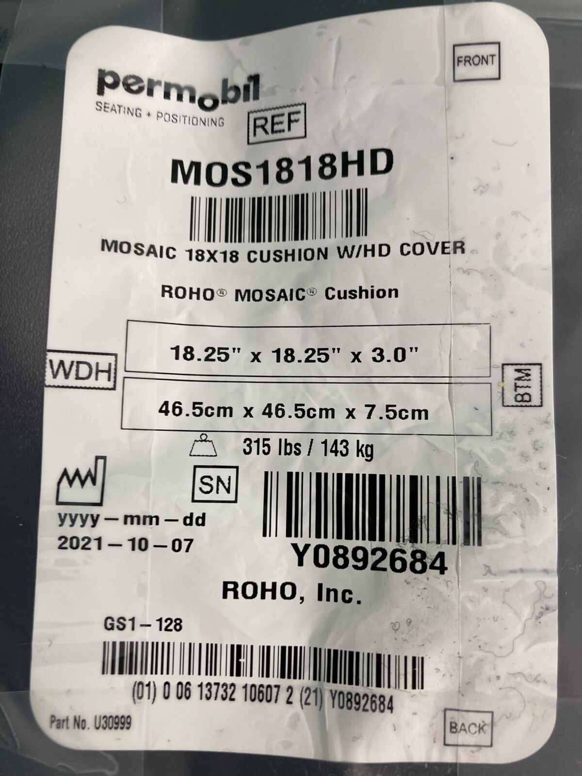 Roho MOSAIC Air Cushion w/ Pump & Cover 18.25" X 18.25"X 3" #K322
