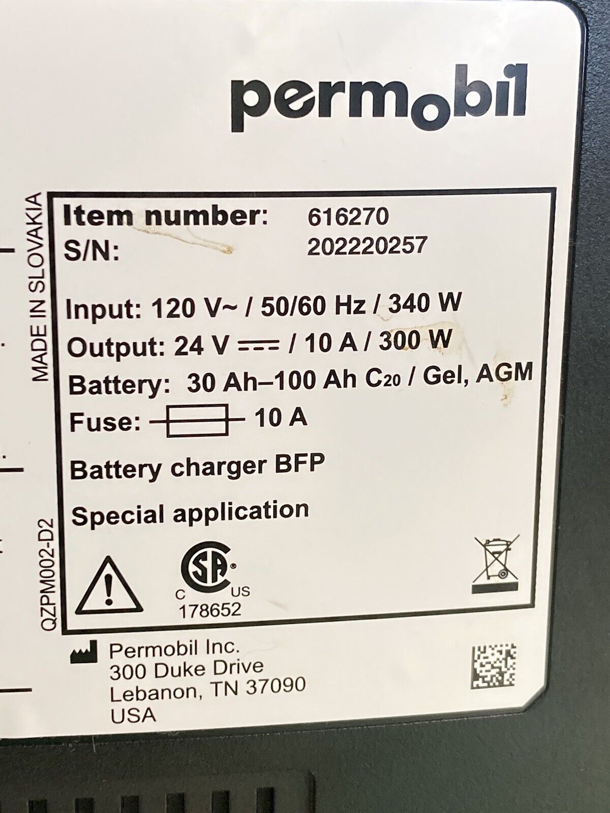 Permobil 10amp VoltPro Power Wheelchair Battery Charger 24V 10A 616270 #K174
