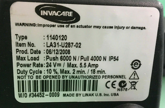 Invacare Recline Actuator Linak Type 1140120 / LA31-U287-02 #C422