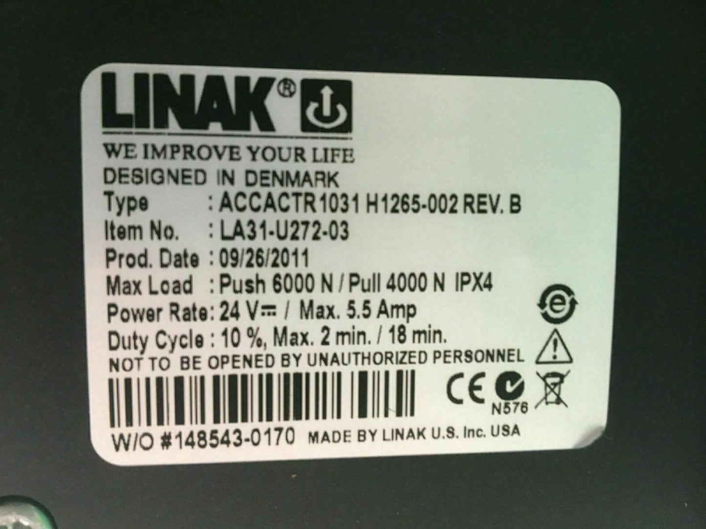 Tilt Actuator Linak model # ACCACTR 1031 H1265-002  for Power Wheelchair #D284