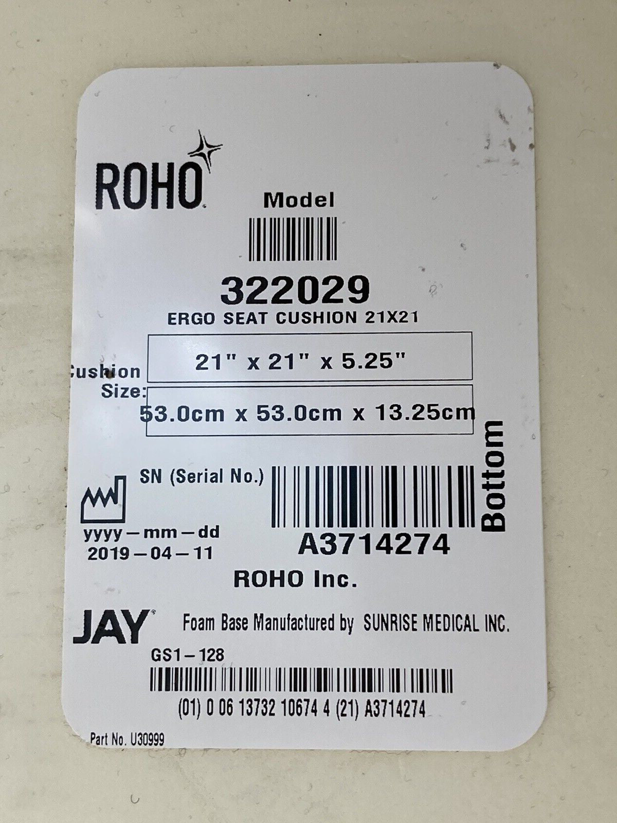 Roho ERGO Hybrid Foam/ Air Cushion w/ Cover & Pump 21" X 21" X 5.25 322029 #J896