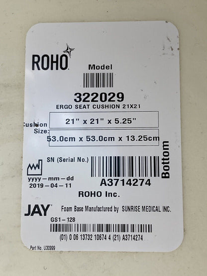 Roho ERGO Hybrid Foam/ Air Cushion w/ Cover & Pump 21" X 21" X 5.25 322029 #J896