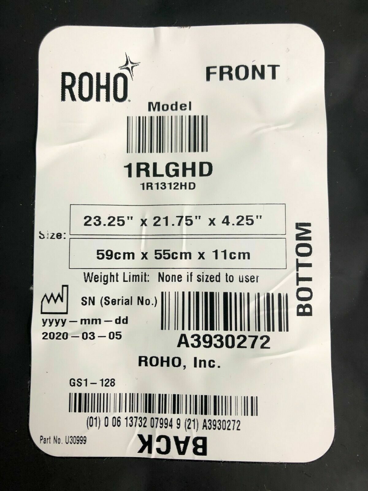 2020 Roho Air Cushion w/ New Cover  23.25" X 21.75"X 4.25" 1RLGHD 1R1312HD #H465