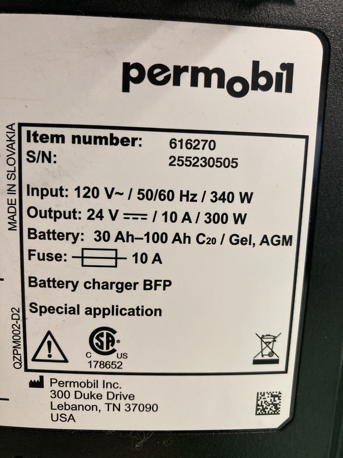 Permobil 10 amp VoltPro Power Wheelchair Battery Charger 24V 10A 616270 #K863
