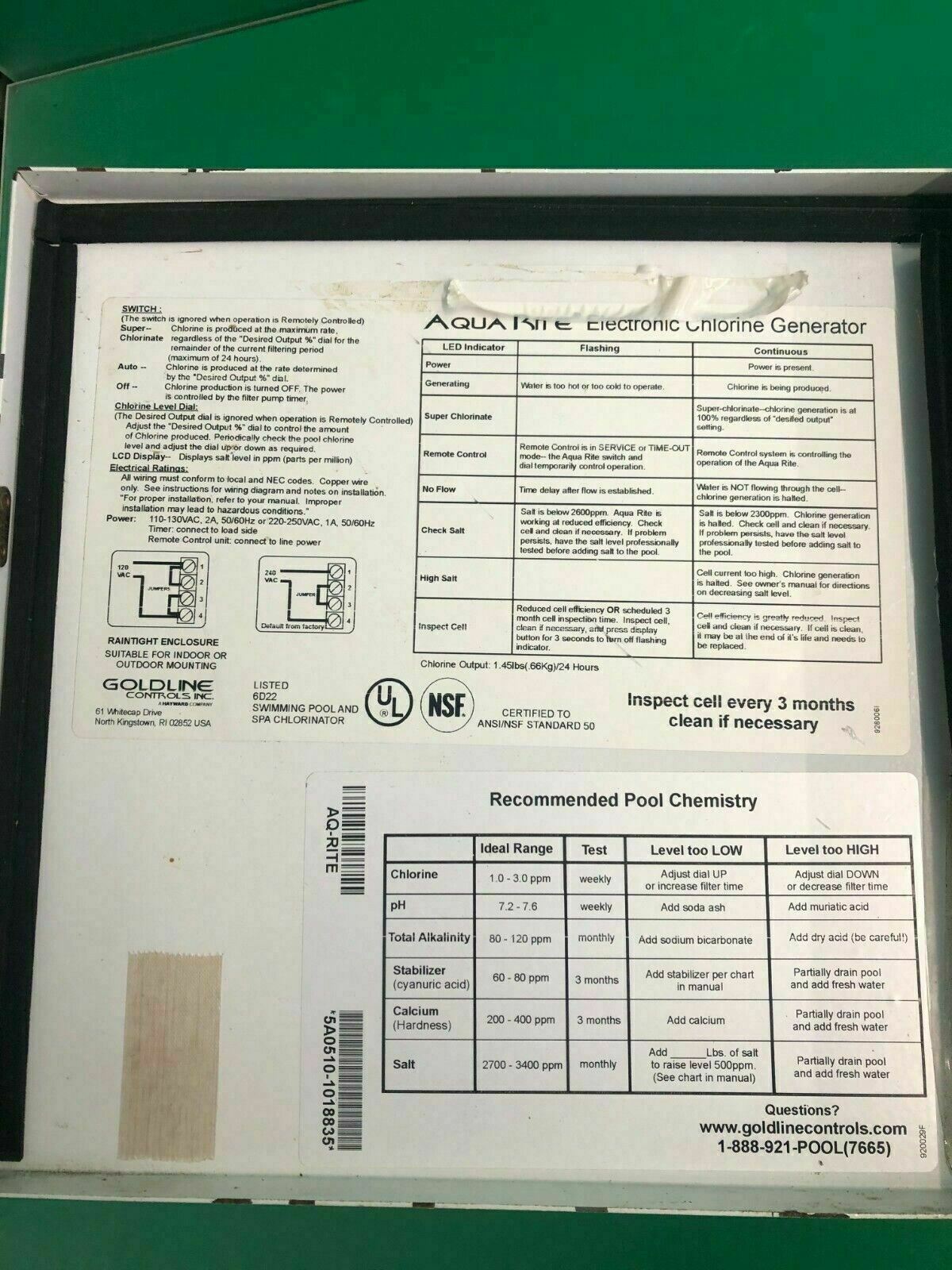 GOLDLINE CONTROLS INC. ELECTRONIC CHLORINE GENERATOR CONTROL UNIT*