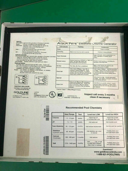 GOLDLINE CONTROLS INC. ELECTRONIC CHLORINE GENERATOR CONTROL UNIT*