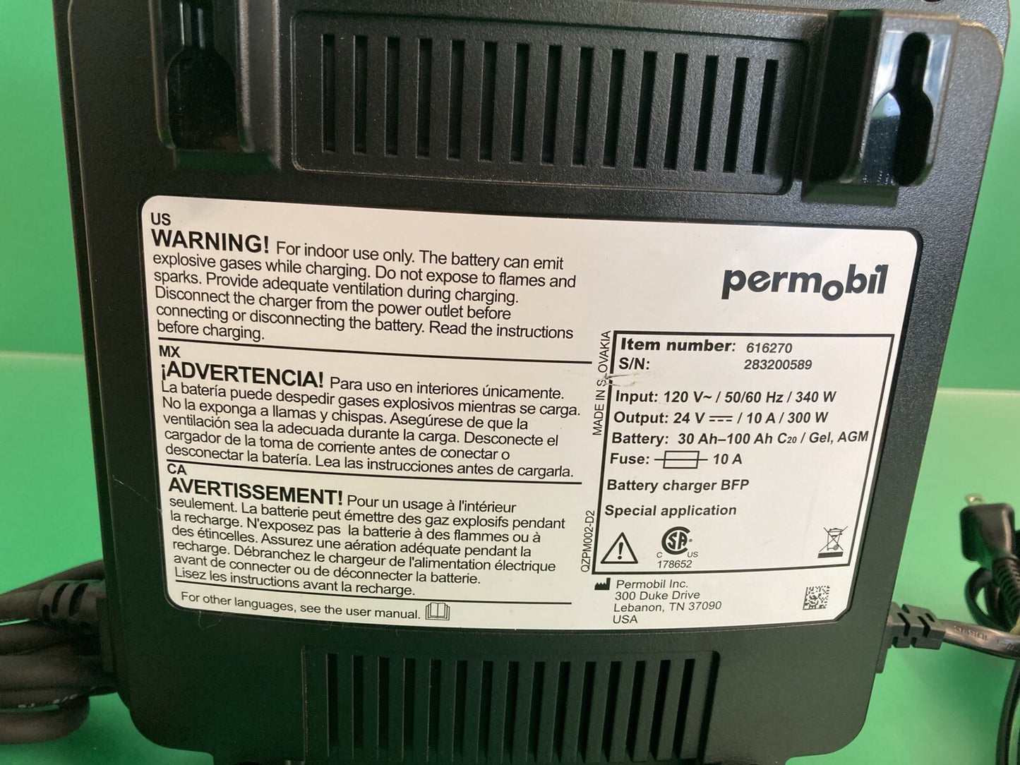 Permobil 10 amp VoltPro Power Wheelchair Battery Charger 24V 10A 616270 #K791