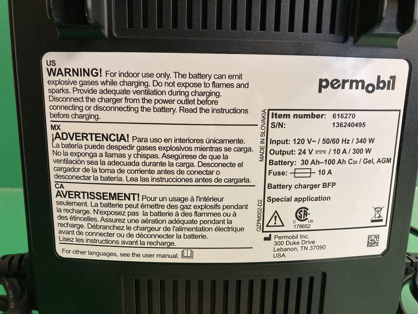 Permobil 10 amp VoltPro Power Wheelchair Battery Charger 24V 10A 616270 #K854