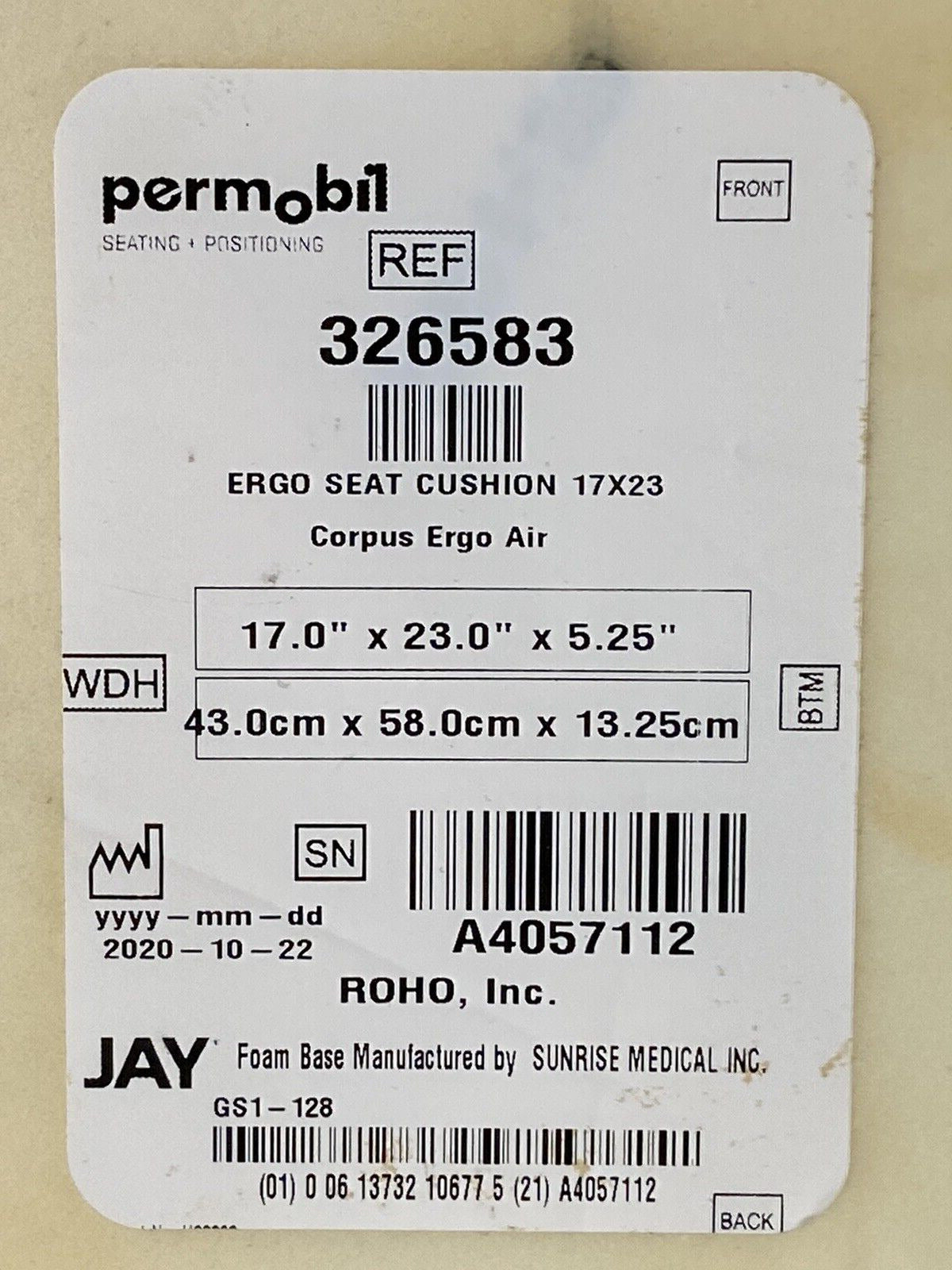 2020 Roho ERGO Hybrid Foam/ Air Cushion w/ Pump 17" X 23"X 5.25" 326583 #J609