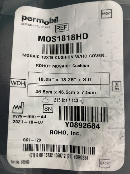 Roho MOSAIC Air Cushion w/ Pump & Cover  18.25" X 18.25"X 3"  #K322
