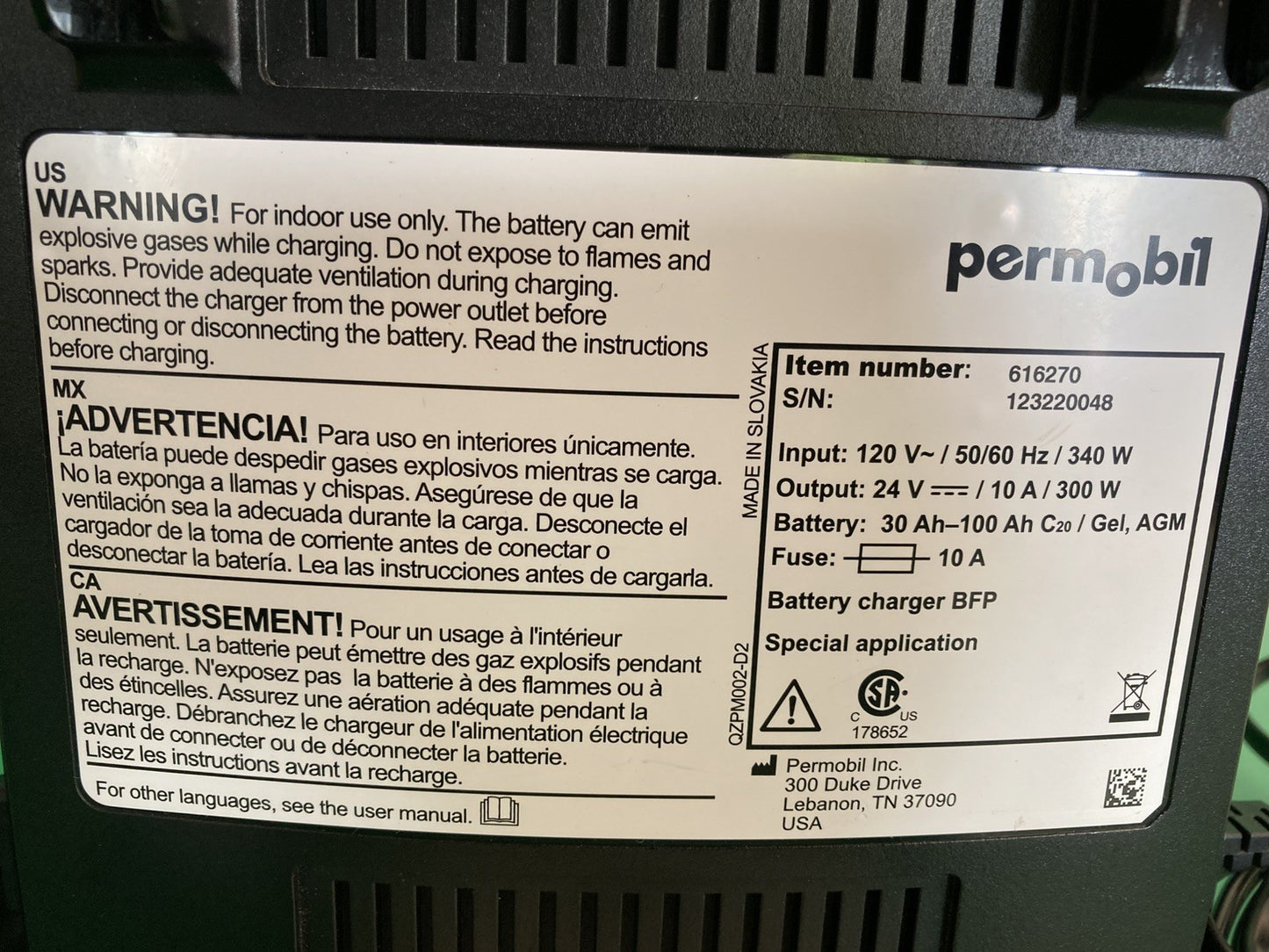 Permobil 10 amp VoltPro Power Wheelchair Battery Charger 24V 10A 616270 #K859