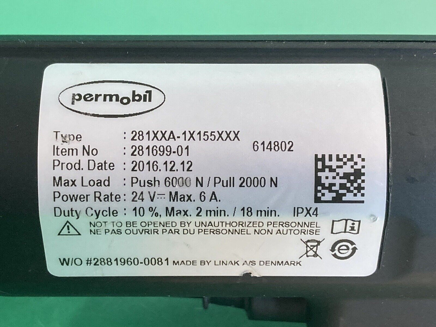 Permobil Recline Actuator for Wheelchair 281699-01 / 281XXA-1X155XXX #K148