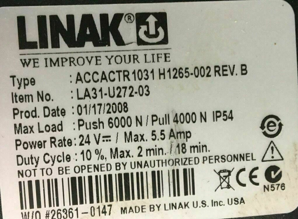 Tilt Actuator Linak Model # ACCACTR 1031 H1265-002 - REV B #C254