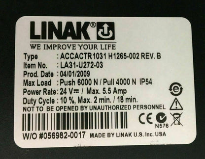 Tilt Actuator Linak model # ACCACTR 1031 H1265-002  REV B - QUANTUM 6000Z #B730