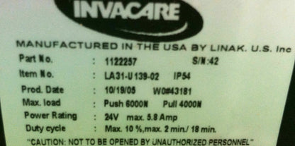 Invacare Recline  Actuator Linak Type 1122257 #3451