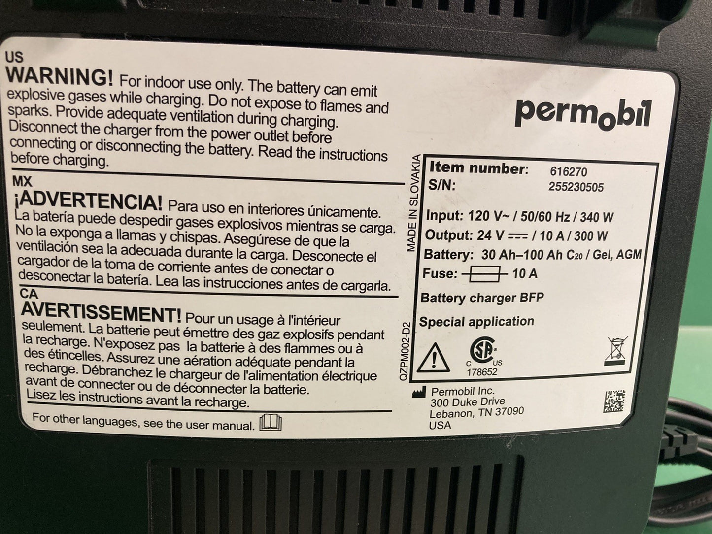 Permobil 10 amp VoltPro Power Wheelchair Battery Charger 24V 10A 616270 #K863