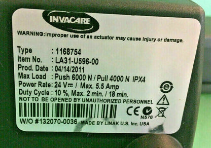 Invacare Recline Actuator Type 1168754 for Power Wheelchair -LA31-U596-00* #E300