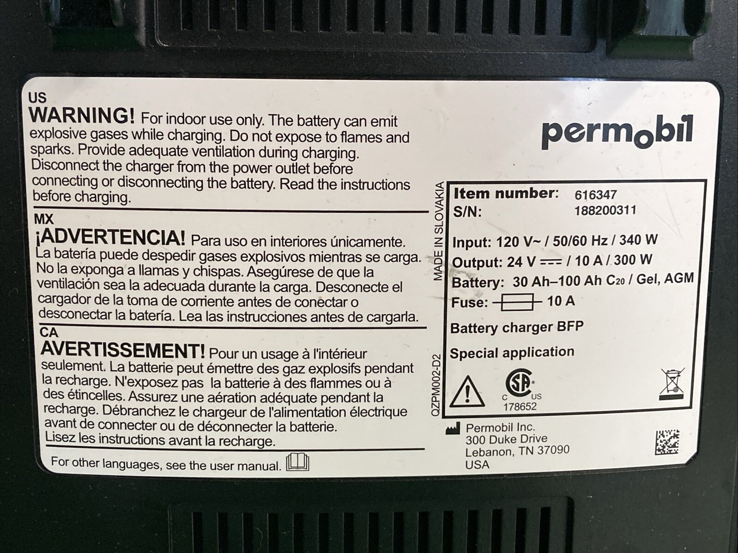 Permobil 10amp VoltPro Power Wheelchair Battery Charger 24V 10A 616347 #K035