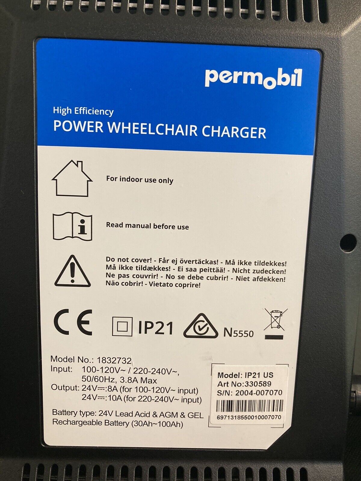 Permobil Power Wheelchair Battery Charger 24V8A 330589 w/ Bag, Box & Manual#i816