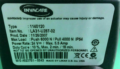 Invacare Recline Actuator Linak Type 1140120 / LA31-U287-02  #F292