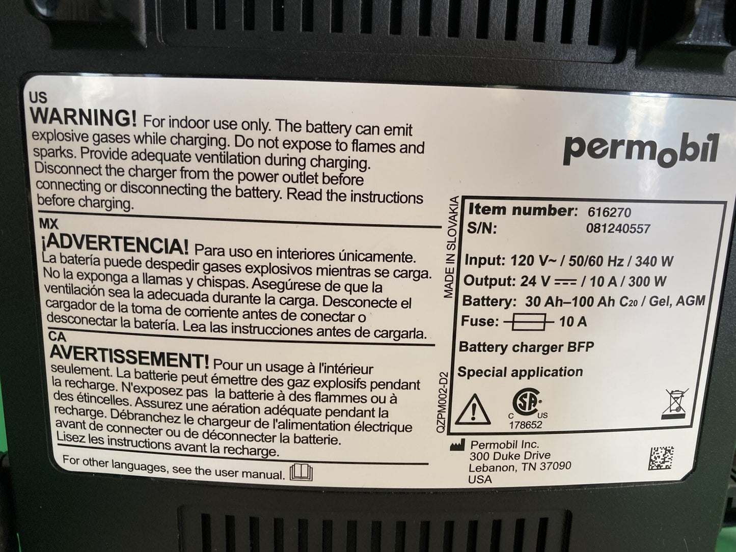 Permobil 10amp VoltPro Power Wheelchair Battery Charger 24V 10A 616270 #K621