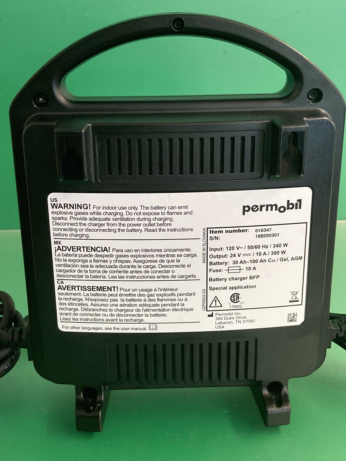 Permobil 10amp VoltPro Power Wheelchair Battery Charger 24V 10A 616270 #K014