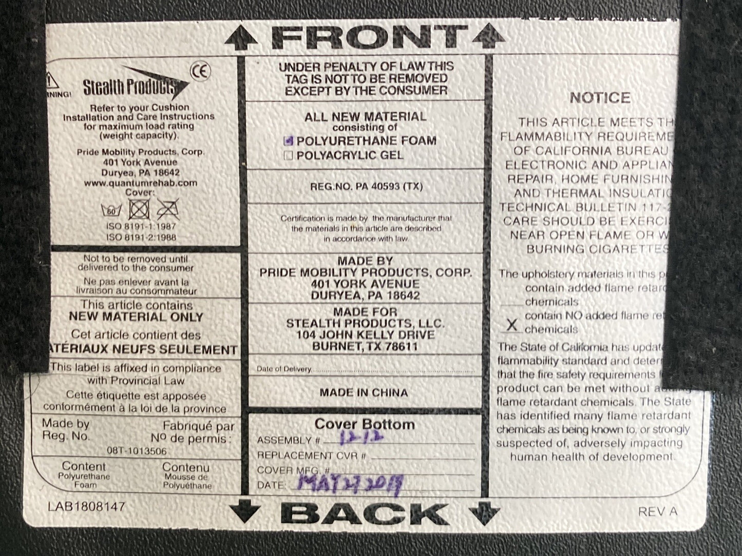 Stealth Products Wheelchair Cushion for ST-ZENSP1212 - 12" W x 12" D #K324