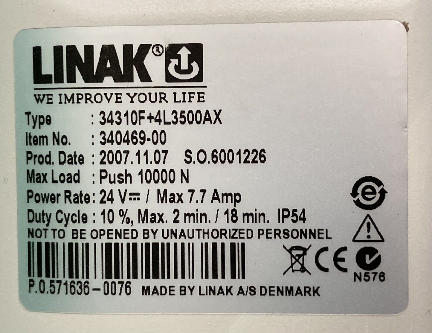 LINAK Patient Lift & Hoist Actuator Motor 340469-00 / 34310F+4L3500AX #J524