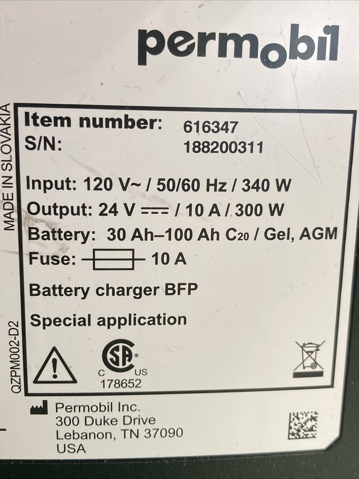 Permobil 10amp VoltPro Power Wheelchair Battery Charger 24V 10A 616347 #K035