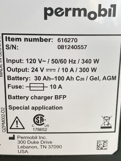 Permobil 10amp VoltPro Power Wheelchair Battery Charger 24V 10A 616270 #K621