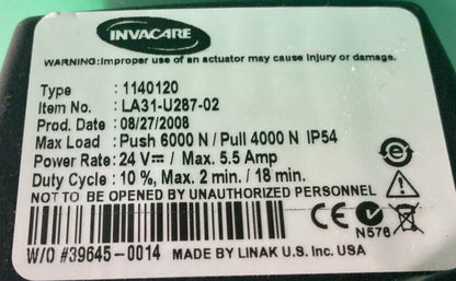Invacare Wheelchair Recline Actuator Linak Type 1140120 / LA31-U287-02  #J169